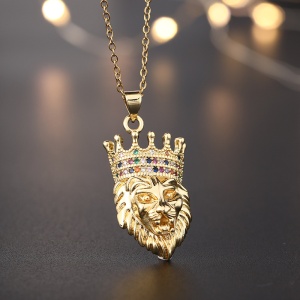 Lant, model lion king, pandantiv cap de leu cu coroana, unisex, reglabil, auriu, - Img 2
