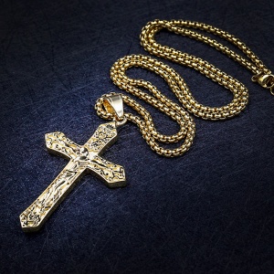 Lant model religios, cu pandantiv cruce INRI, unisex, auriu, - Img 4