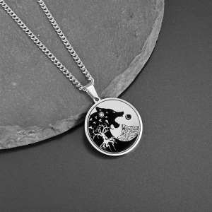 Lant, model viking nordic, pandantiv rotund sun and moon wolf, simbol lup Fenrir, unisex, argintiu, - Img 3