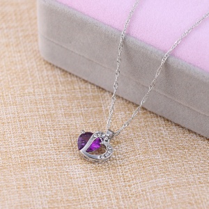 Lant tip colier dama, pandativ inima cu cristale, strasuri, argintiu cu cristal mov - Img 2
