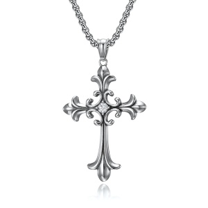 Lant unisex, cu pandantiv tip cruce, model deosebit, tematica holly cross, argintiu,
