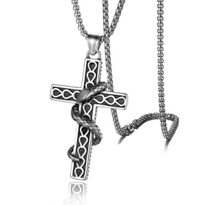 Lant unisex, pandantiv cruce cu detalii delicate, model cu sarpe, tematica holy cross, argintiu,