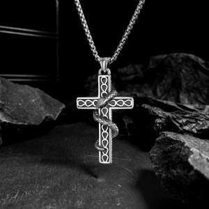 Lant unisex, pandantiv cruce cu detalii delicate, model cu sarpe, tematica holy cross, argintiu, - Img 2