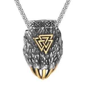 Lant unisex, pandantiv gheara de urs, model cu symbol viking Valknut, tematica bear paw, auriu,
