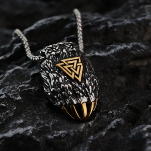 Lant unisex, pandantiv gheara de urs, model cu symbol viking Valknut, tematica bear paw, auriu, - Img 2
