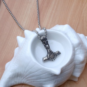 Lant unisex, pandantiv nordic, model topor viking, tematica Thor’s hammer, argintiu, - Img 4