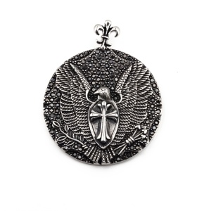 Lant unisex, pandantiv rotund deosebit, model cu vultur si cruce, cristale de sticla cu efect special, tematica royal crest pendant, argintiu, - Img 3