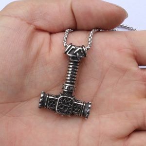 Lant unisex, pandantiv special, model ciocanul lui Odin, tematica Mjolnir viking might, argintiu, - Img 3
