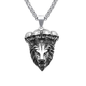 Lant unisex, pandantiv tip leu, model regele junglei, tematica deadly lion king, argintiu,