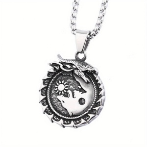 Lant unisex, pandantiv viking, model cu mitologic nordic, tematica world snake dragon, argintiu,