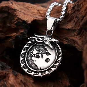 Lant unisex, pandantiv viking, model cu mitologic nordic, tematica world snake dragon, argintiu, - Img 2