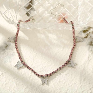 Lantic dama argintiu cu strasuri din cristale roz cu pandantive in forma de fluture - Img 3
