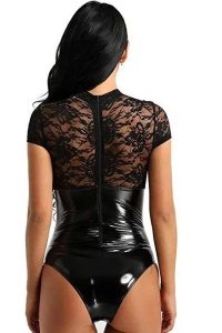 Lenjerie sexy dama, body cu dantela in partea superioara, maneca scurta si inchidere cu fermoar la spate, model duo casual, negru - Img 2
