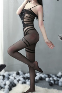 Lenjerie sexy dama, body tip salopeta intreaga, bretele subtiri si crapatura inghinala, model full body soft touch, negru - Img 2