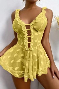 Lenjerie sexy dama, rochie cu bretele si decolteu in V, model cute romantic hearts, imprimeu inimioare, galbena - Img 3
