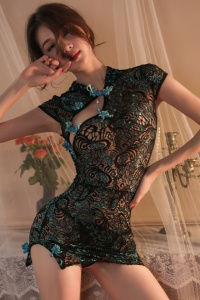Lenjerie sexy dama, rochie cu design apanaj paun, model cu decolteu wave line cu accesorii fundite, neagra - Img 3