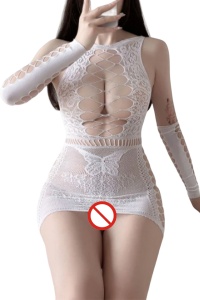 Lenjerie sexy dama, set 2 piese, rochie scurta mulata fara maneci, manusi lungi asortate, model provocator transparent, tematica dirty minds, alb