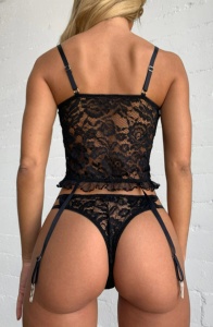 Lenjerie sexy dama, set 2 piese, top tip corset cu portjartier si chilot, model timid senzual, negru - Img 2
