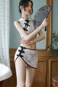 Lenjerie sexy dama, set 3 piese, model asiatic transparent, fusta scurta, top si chilot tanga, tematica try me, alb - Img 4