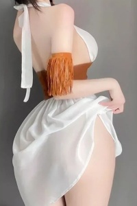 Lenjerie sexy dama, set 3 piese, rochie prindere tip corset, accesorii asortate pentru maini si chilot tanga, model amazoana provocatoare, tematica wild dream, alba - Img 2