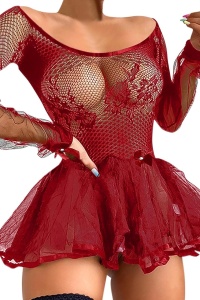 Lenjerie sexy dama, tip rochie scurta cu maneci lungi transparente si volum in partea de jos, model barbie girl, rosie