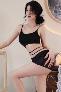 Lenjerie sexy, set 2 piese, rochie scurta mulata, cu decupaj adanc la spate si abdomen, model senzual, tematica touch me, negru - Img 3