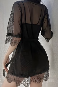 Lenjerie sexy, set 3 piese, rochie semitransparenta, chilot decupaj tanga si cover tip halat cu cordon, model delicat si senzual, tematica hot night, negru - Img 2
