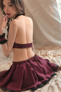 Lenjerie sexy, set 4 piese, fusta scurta si mini top accesorizat cu funda, chilot decupaj tanga si accesorii pentru maini, model elegant, tematica sweet love, rosu inchis - Img 2