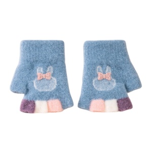 Manusi copii, model cu degetele dezgolite colorate, imprimeu iepuras cu fundita, tematica fashion winter, unisex, marime 1 – 3 ani, albastre