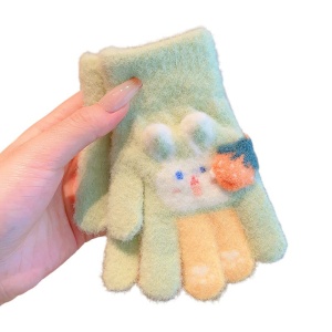 Manusi copii, model cu manseta elastica si iepuras, accesorizate cu o capsunica, tematica little bunny, unisex, marime 3 – 8 ani, verzi