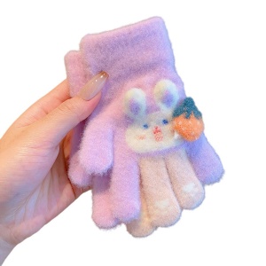 Manusi copii, model cu manseta elastica si iepuras, accesorizate cu o capsunica, tematica little bunny, unisex, marime 3 – 8 ani, mov