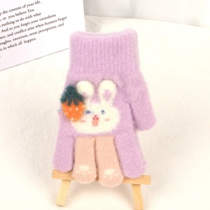 Manusi copii, model cu manseta elastica si iepuras, accesorizate cu o capsunica, tematica little bunny, unisex, marime 3 – 8 ani, mov - Img 3