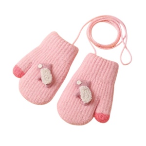 Manusi copii, model cu un singur degetel si snur, manseta elastica, accesorizate cu figurine vesele, tematica happy winter, unisex, marime 1 – 3 ani, roz