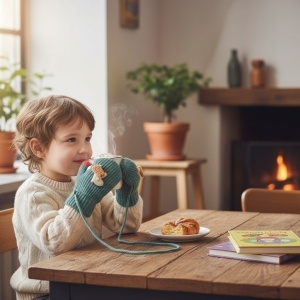 Manusi copii, model cu un singur degetel si snur, manseta elastica, accesorizate cu figurine vesele, tematica happy winter, unisex, marime 1 – 3 ani, verzi - Img 2
