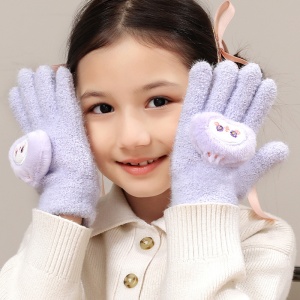 Manusi copii, model pufos cu manseta elastica, accesorizate cu figurine hazlii, tematica happy day, unisex, marime 6 – 10 ani, lila - Img 2