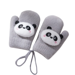 Manusi copii, model pufos cu un singur degetel si snur, manseta elastica, accesorizate cu ursuleti, tematica panda mania, unisex, marime 2 – 8 ani, gri
