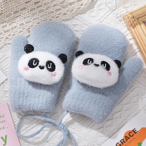 Manusi copii, model pufos cu un singur degetel si snur, manseta elastica, accesorizate cu ursuleti, tematica panda mania, unisex, marime 2 – 8 ani, albastre - Img 3