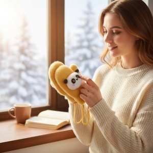 Manusi copii, model pufos cu un singur degetel si snur, manseta elastica, accesorizate cu ursuleti, tematica panda mania, unisex, marime 2 – 8 ani, galbene - Img 4