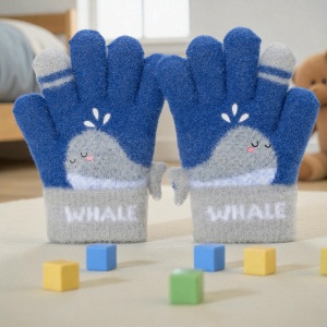 Manusi copii, model vesel cu balenuta, manseta elastica si detalii de contrast pe degete, tematica happy whale, unisex, marime 3 – 5 ani, albastru inchis cu gri - Img 2