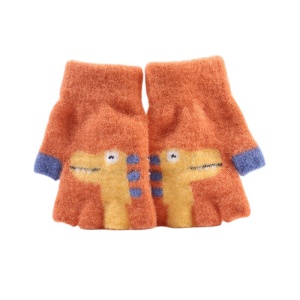 Manusi pentru copii, model cu degetele descoperite, imprimeu cu dinozaur, detalii de contrast, tematica funny dino, unisex, marime 4 – 8 ani, caramizii