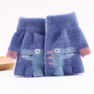 Manusi pentru copii, model cu degetele descoperite, imprimeu cu dinozaur, detalii de contrast, tematica funny dino, unisex, marime 4 – 8 ani, albastru inchis - Img 2