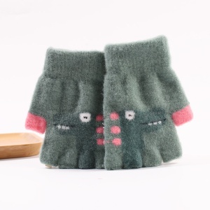 Manusi pentru copii, model cu degetele descoperite, imprimeu cu dinozaur, detalii de contrast, tematica funny dino, unisex, marime 4 – 8 ani, verzi - Img 2