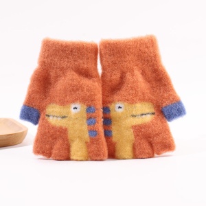 Manusi pentru copii, model cu degetele descoperite, imprimeu cu dinozaur, detalii de contrast, tematica funny dino, unisex, marime 4 – 8 ani, caramizii - Img 2