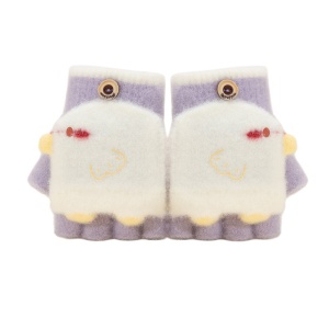Manusi pentru copii, model cu degetele descoperite si capac decapotabil, prindere cu nasturel, accesorizate cu figurine vesele, tematica I love birds, unisex, marime 3 – 5 ani, mov