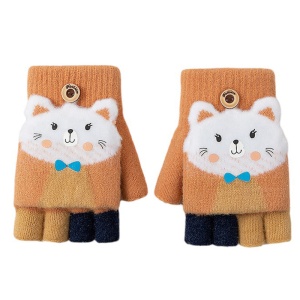 Manusi pentru copii, model cu degetele descoperite si capac decapotabil, prindere cu nasturel, accesorizate cu pisicute fashion, tematica I love cats, unisex, marime 7 – 9 ani, maro