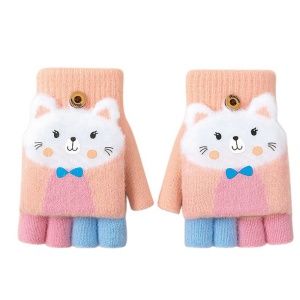 Manusi pentru copii, model cu degetele descoperite si capac decapotabil, prindere cu nasturel, accesorizate cu pisicute fashion, tematica I love cats, unisex, marime 7 – 9 ani, piersica
