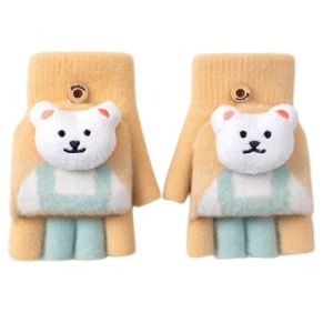Manusi pentru copii, model cu degetele descoperite si capac decapotabil, prindere cu nasturel, accesorizate cu ursulet, tematica little bear, unisex, marime 7 – 12 ani, maro