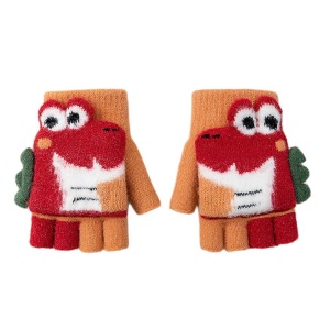 Manusi pentru copii, model cu degetele descoperite si capac decapotabil, accesorizate cu dinozauri, tematica happy winter, unisex, marime 9 – 12 ani, rosii