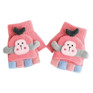 Manusi pentru copii, model cu degetele descoperite si capac decapotabil, prindere cu nasturel, accesorizate cu maimutica haioasa, manseta elastica, tematica happy winter, marime 3 – 6 ani, roz inchis