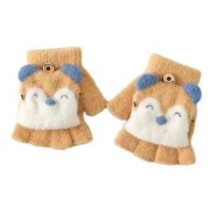 Manusi pentru copii, model cu degetele descoperite si capac decapotabil prindere cu nasture, manseta elastica, accesorizate cu puisor vesel, tematica happy winter, marime 1 – 5 ani, mustar